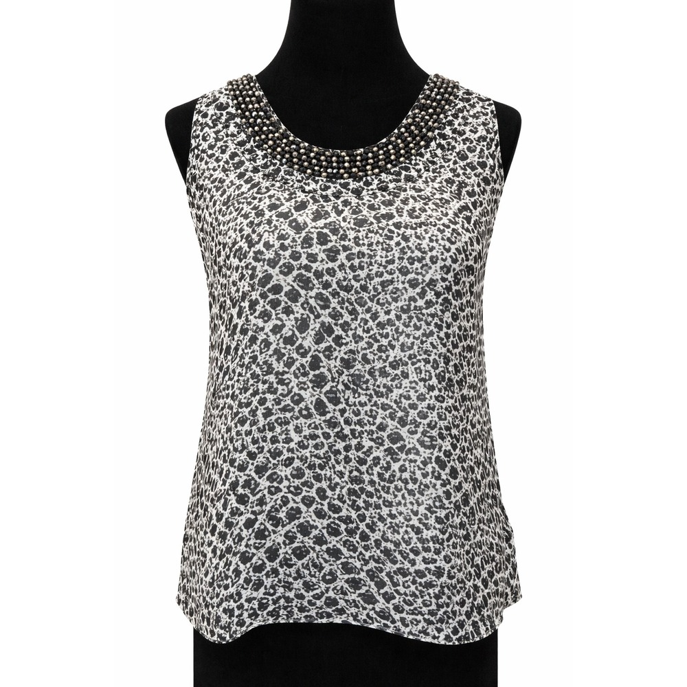 Diane Von Furstenberg Womens Beaded Neck Tank Top Small Black Geometric Silk